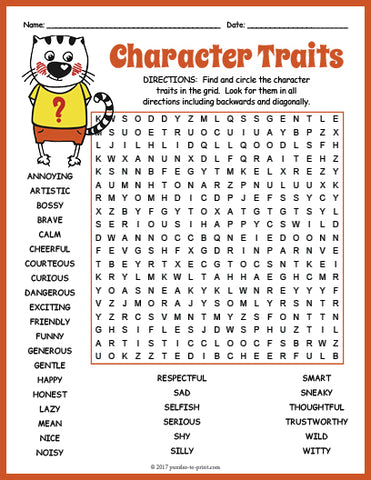 Character Traits Word Search Puzzle