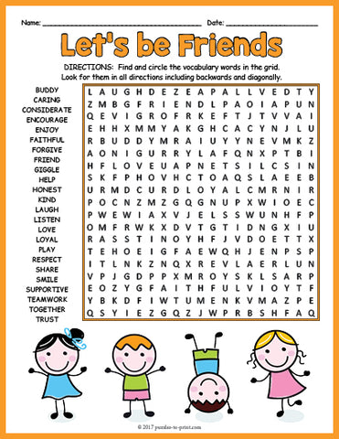 Friendship Word Search Puzzle